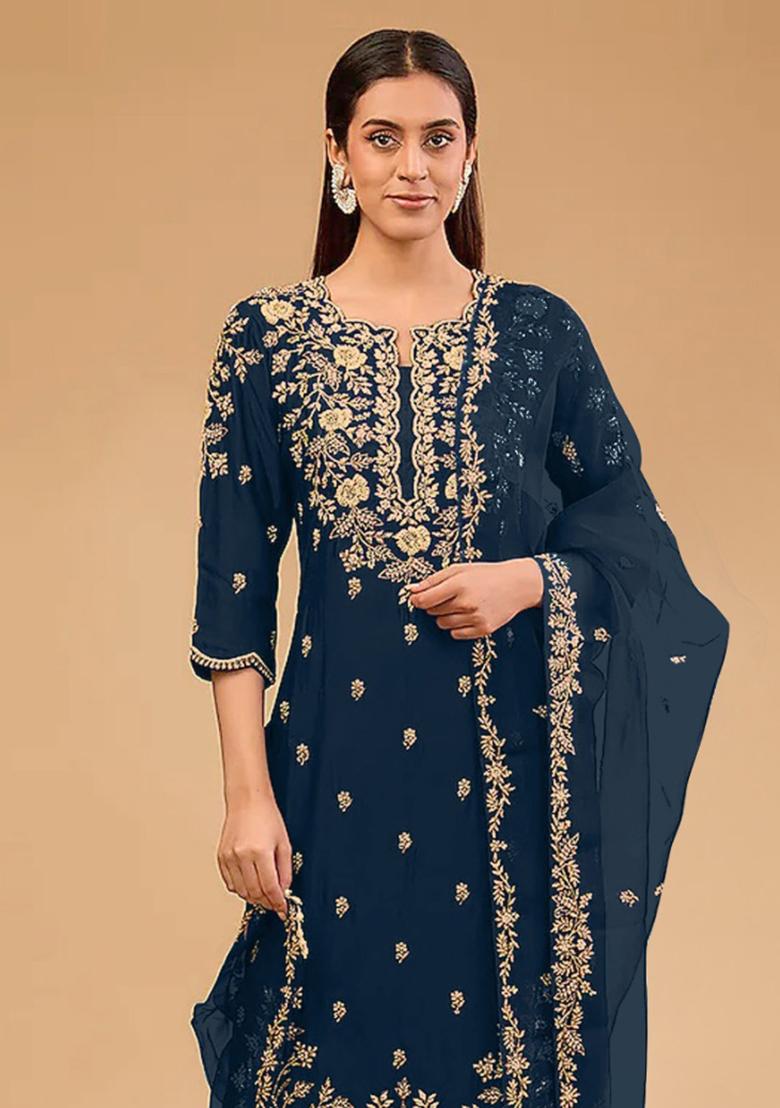 Teal Embroidered Vichitra Blooming Salwar Kameez With Dupatta - Indya