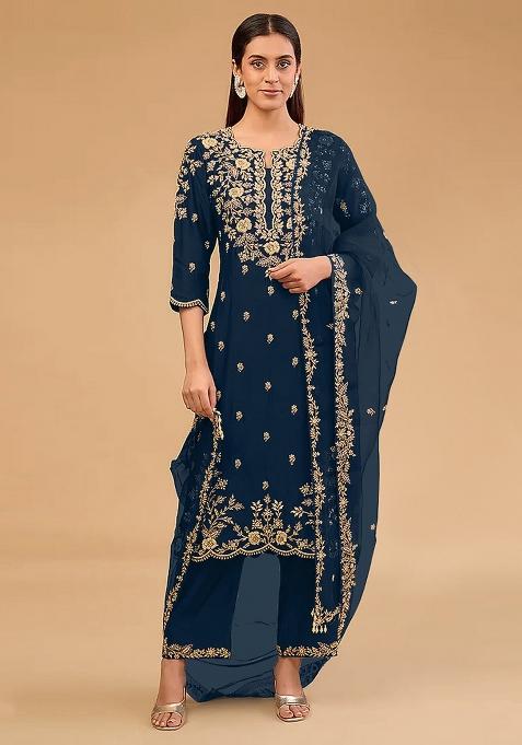 Teal Embroidered Vichitra Blooming Salwar Kameez With Dupatta