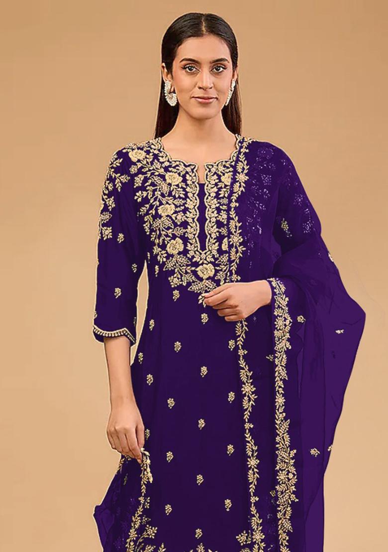 Purple Embroidered Vichitra Blooming Salwar Kameez With Dupatta - Indya