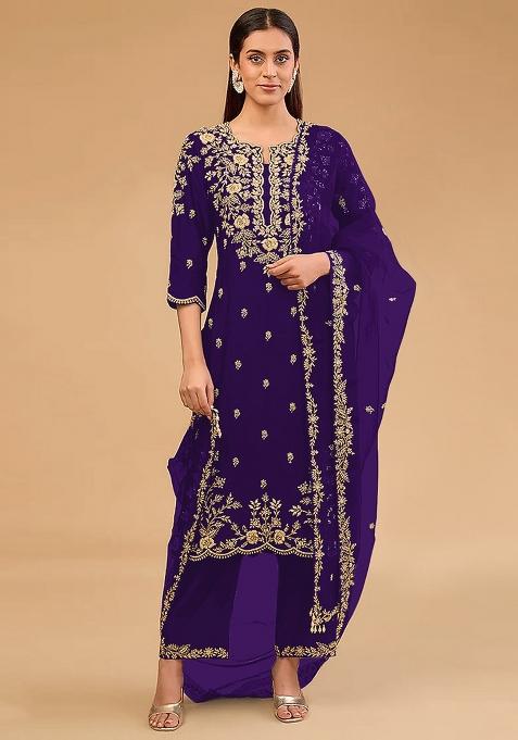 Purple Embroidered Vichitra Blooming Salwar Kameez With Dupatta