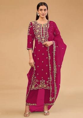 Rani Pink Embroidered Vichitra Blooming Salwar Kameez With Dupatta