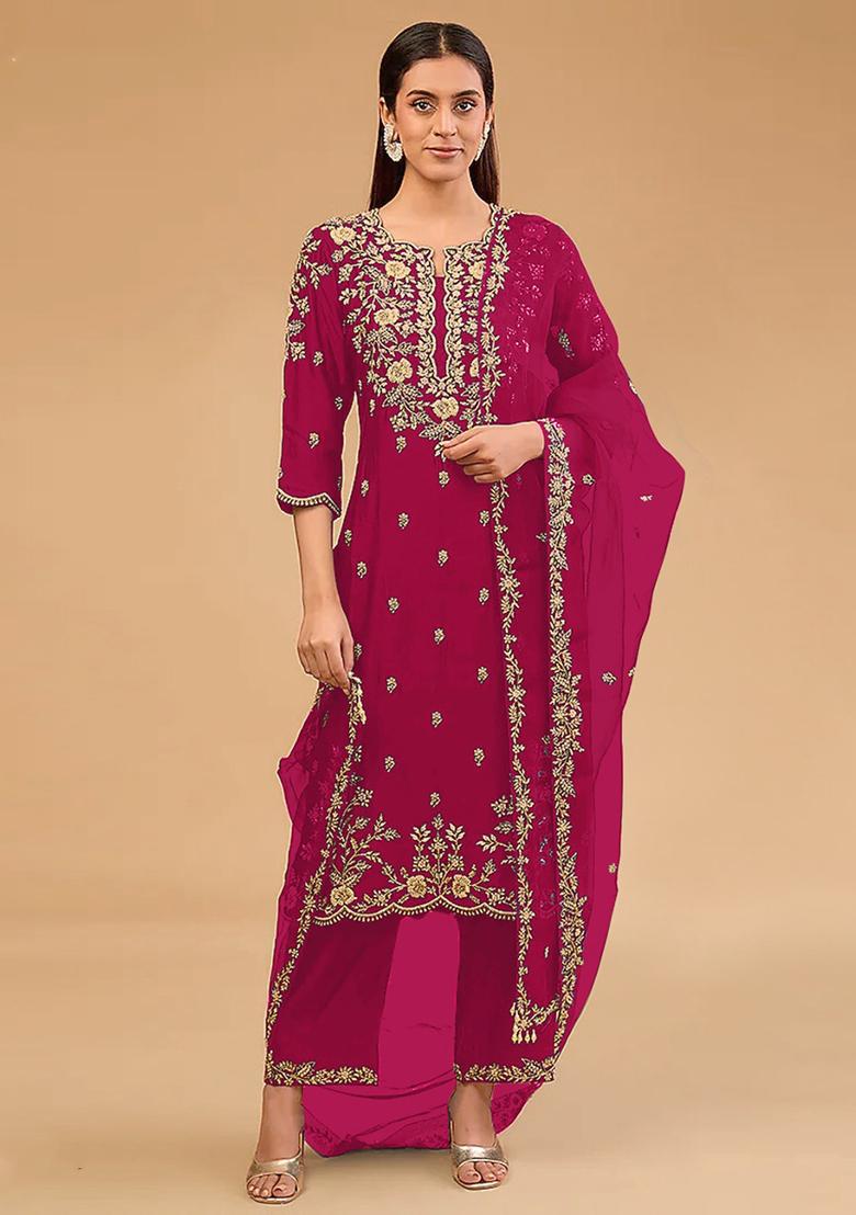 Rani Pink Embroidered Vichitra Blooming Salwar Kameez With Dupatta - Indya