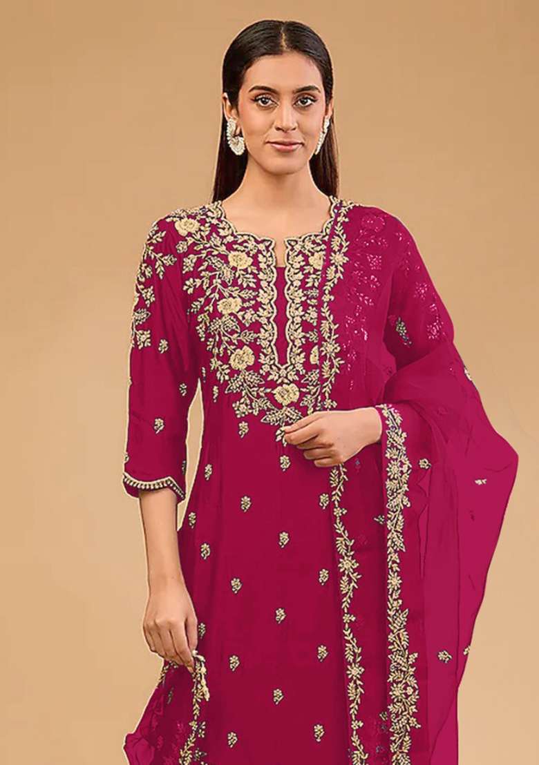 Rani Pink Embroidered Vichitra Blooming Salwar Kameez With Dupatta - Indya