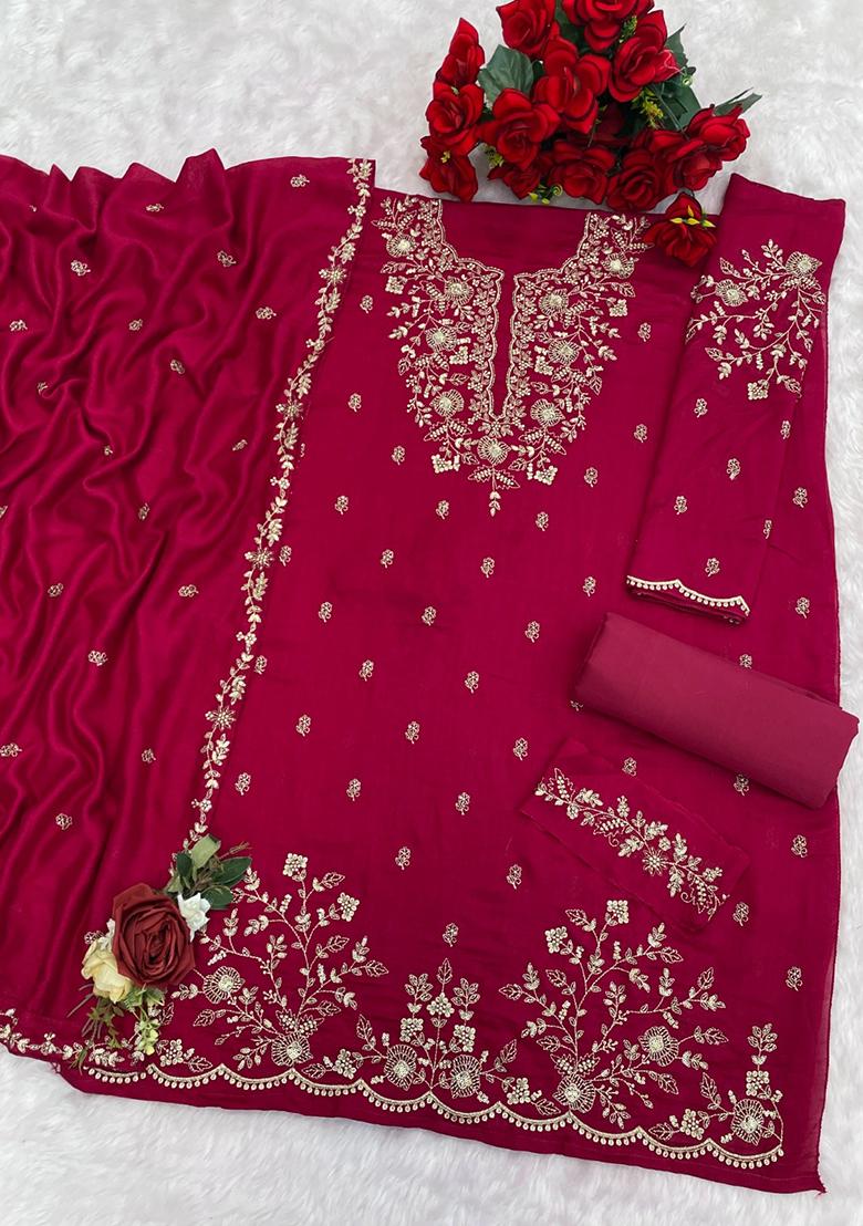 Rani Pink Embroidered Vichitra Blooming Salwar Kameez With Dupatta - Indya