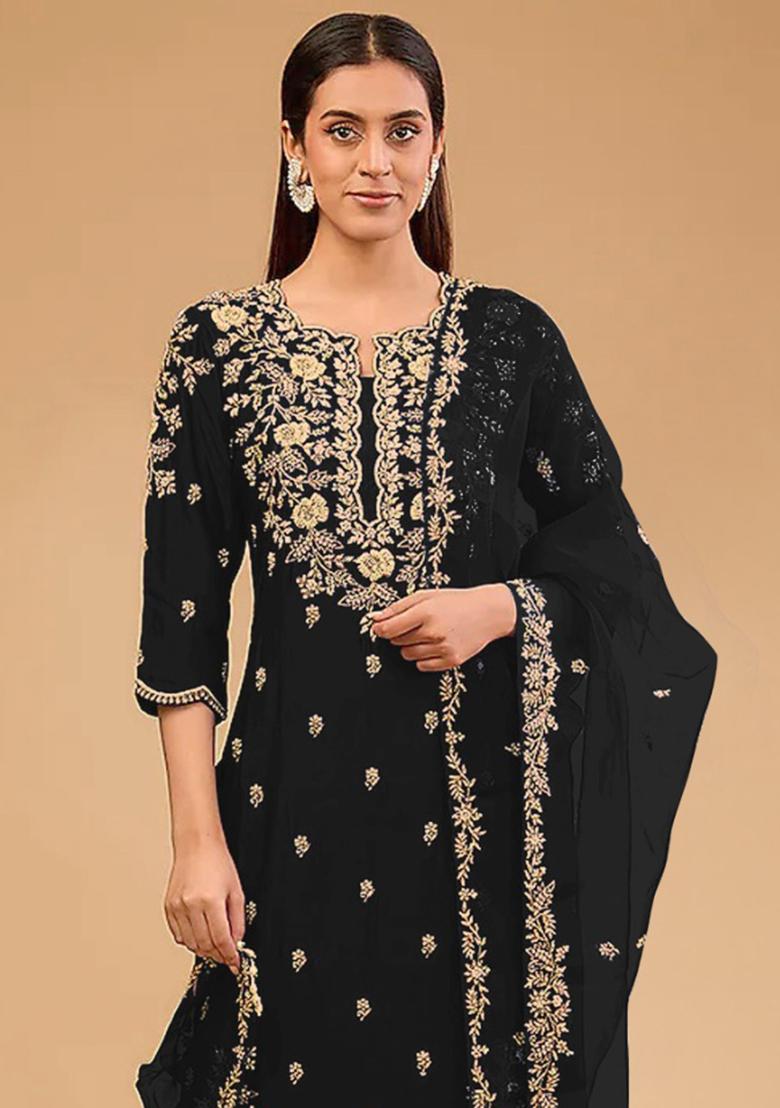 Black Embroidered Vichitra Blooming Salwar Kameez With Dupatta - Indya