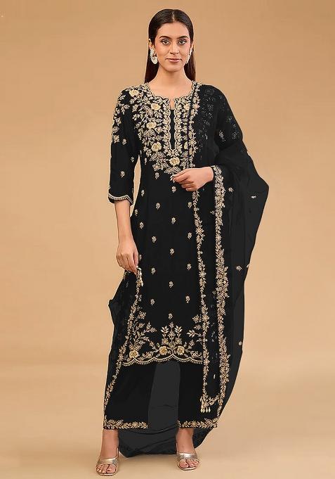 Black Embroidered Vichitra Blooming Salwar Kameez With Dupatta