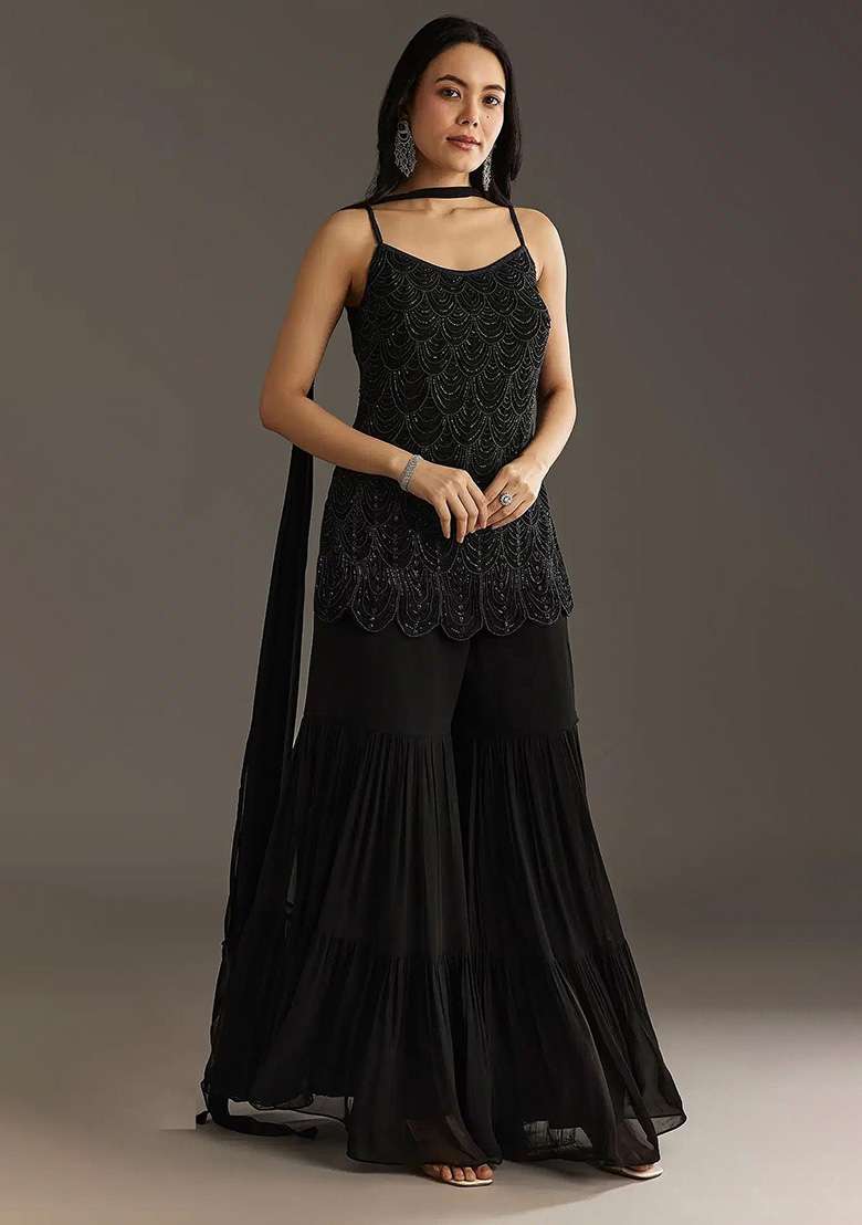 Black Embroidered Georgette Sharara Set - Indya