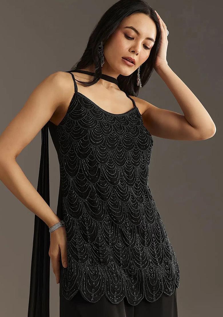 Black Zari Sequence Embroidery Georgette Kurta Set With Dupatta - Indya