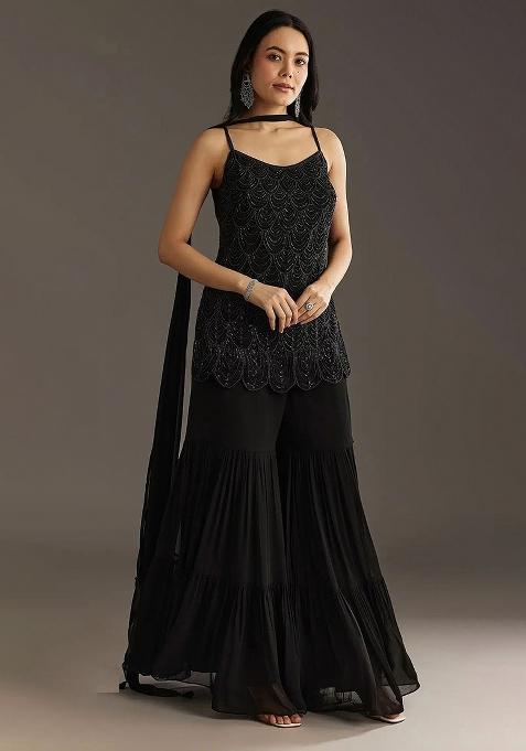 Black Zari Sequence Embroidery Georgette Kurta Set With Dupatta