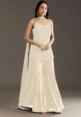 White Zari Sequence Embroidery Georgette Kurta Set With Dupatta