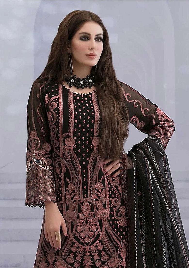 Peach Zari Sequence Embroidery Georgette Kurta Set With Dupatta - Indya