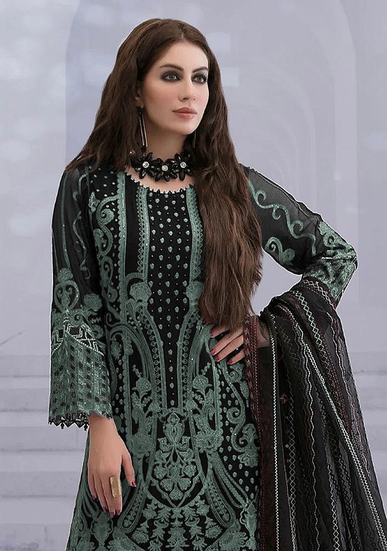 Pista Zari Sequence Embroidery Georgette Kurta Set With Dupatta - Indya