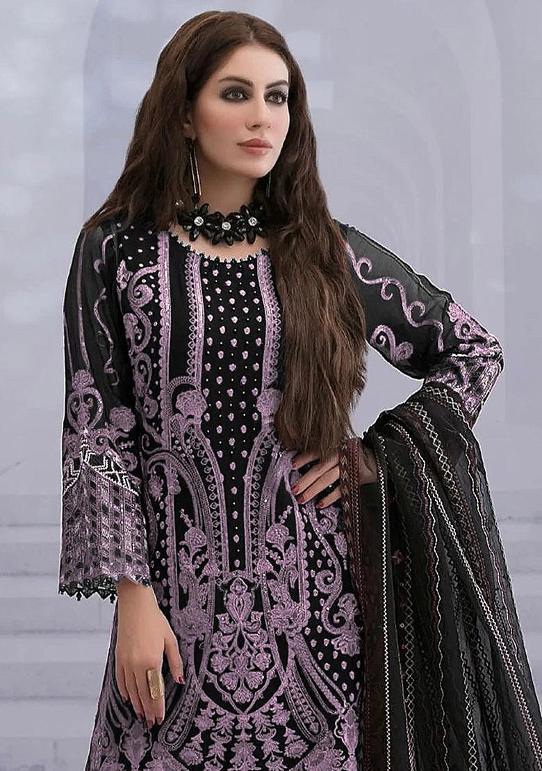 Lavender Zari Sequence Embroidery Georgette Kurta Set With Dupatta - Indya