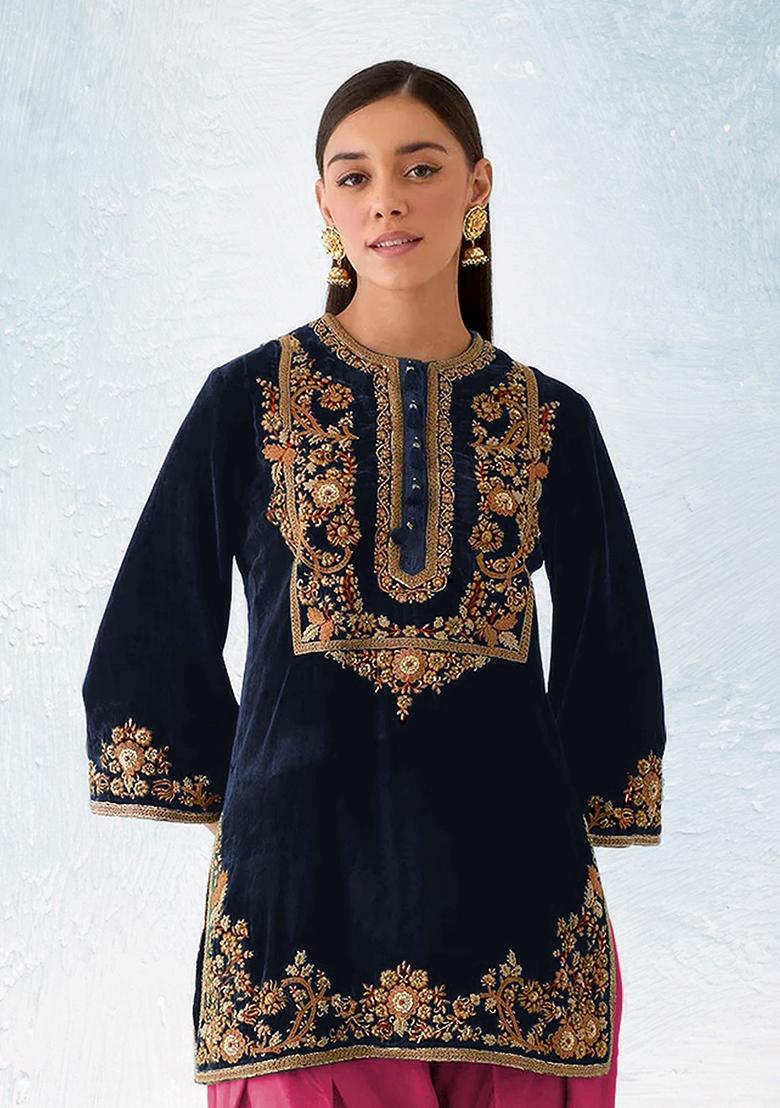 Blue Zari Sequence Embroidery Velvet Kurta Set With Dupatta - Indya
