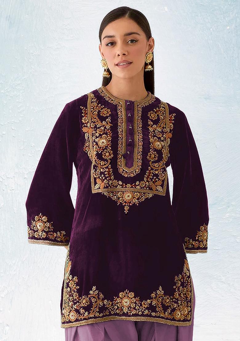 Purple Zari Sequence Embroidery Velvet Kurta Set With Dupatta - Indya