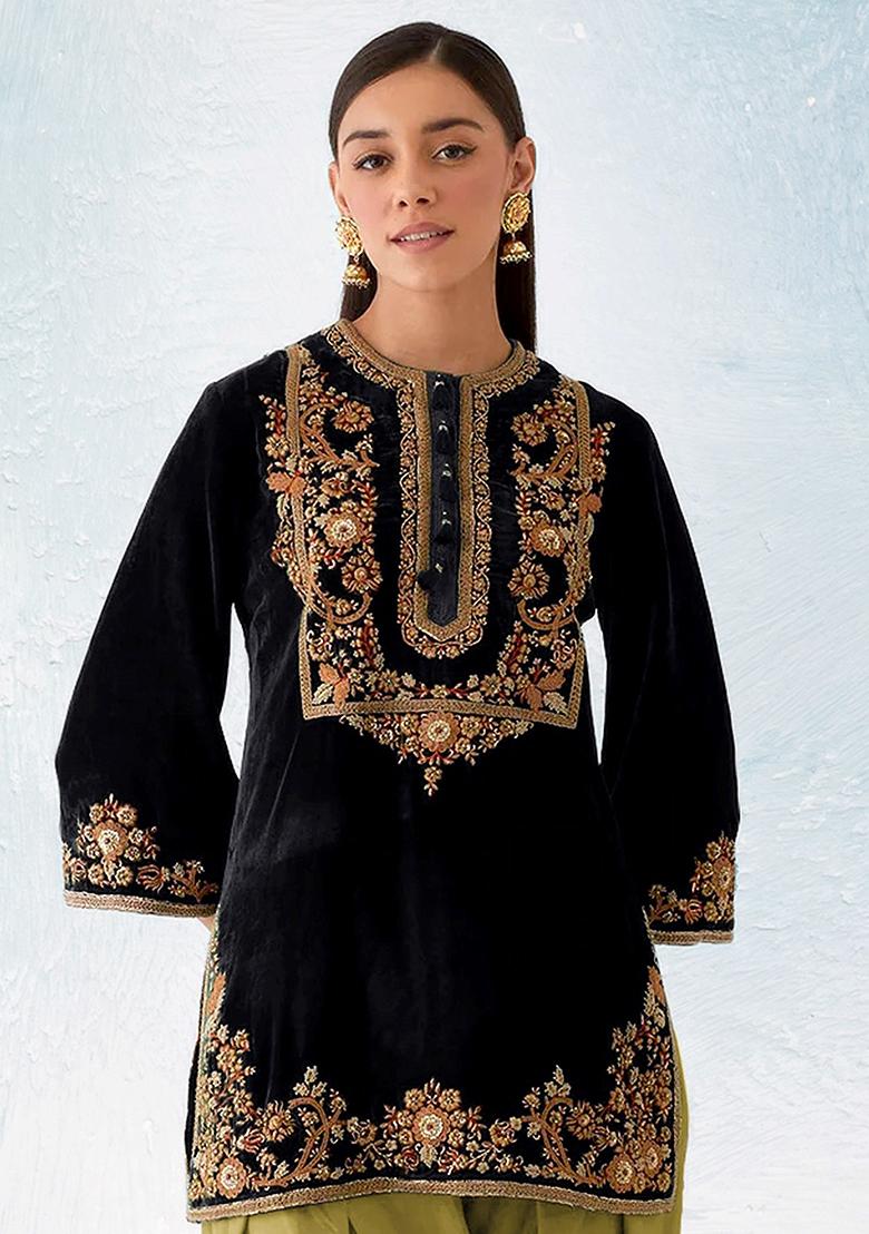Black Zari Sequence Embroidery Velvet Kurta Set With Dupatta - Indya