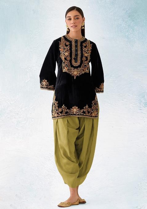 Black Zari Sequence Embroidery Velvet Kurta Set With Dupatta