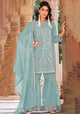 Sky Zari Sequence Embroidery Organza Kurta Set With Dupatta