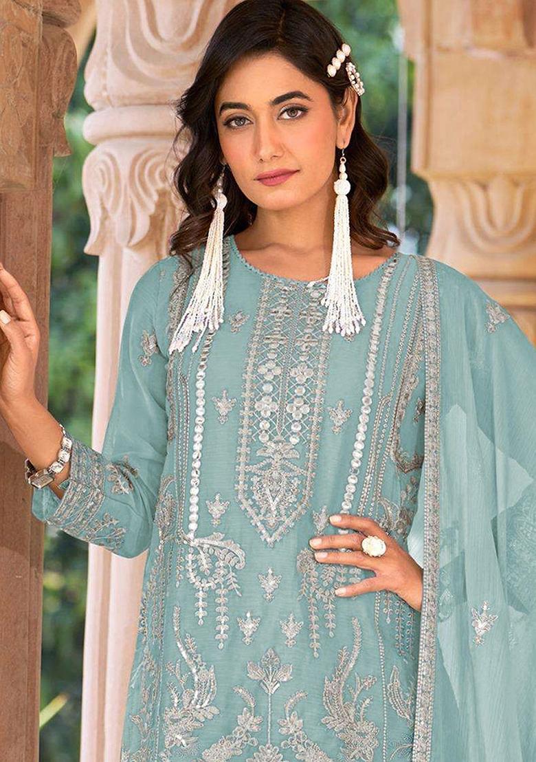 Sky Zari Sequence Embroidery Organza Kurta Set With Dupatta - Indya