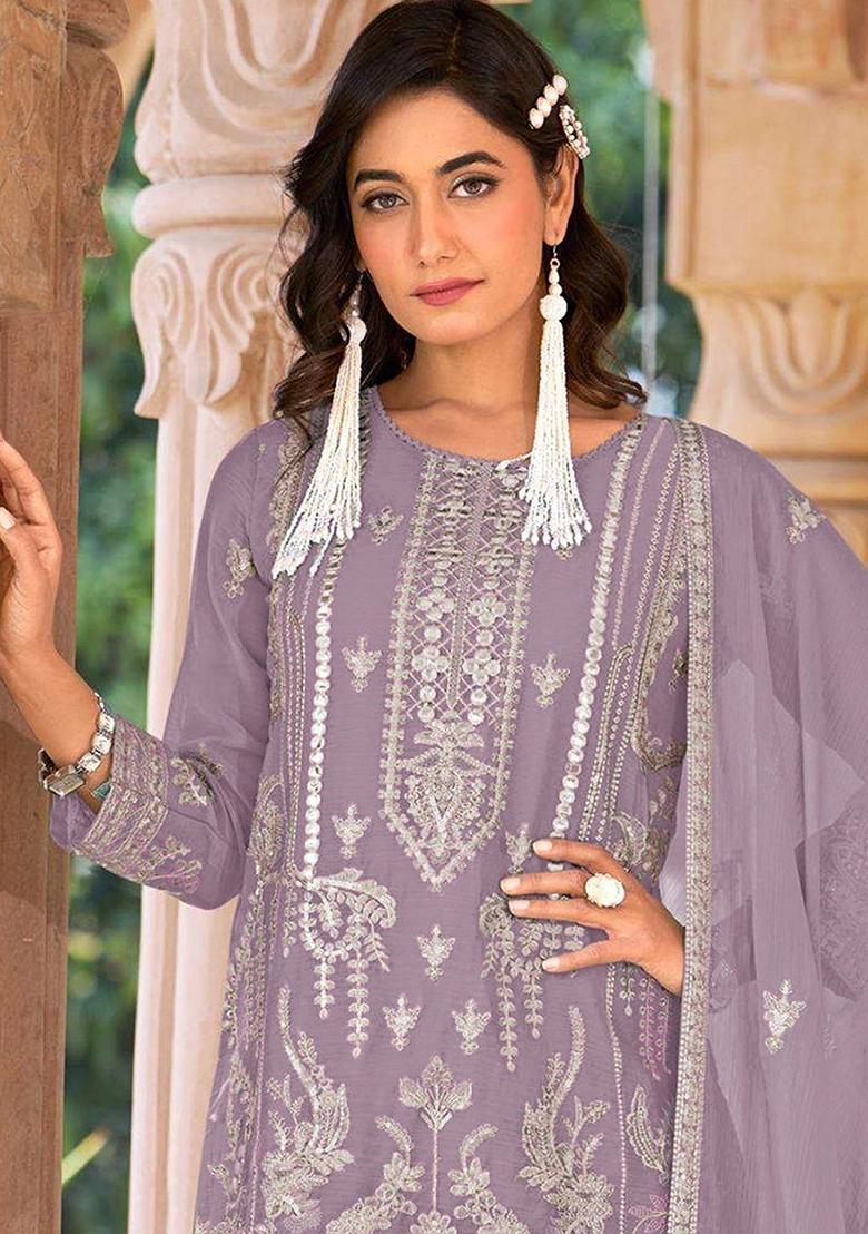 Purple Zari Sequence Embroidery Organza Kurta Set With Dupatta - Indya
