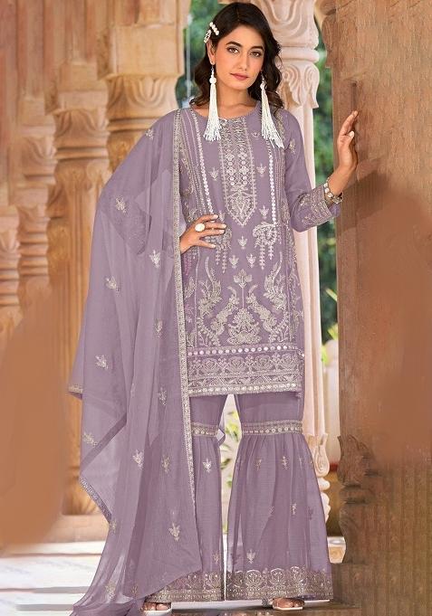 Purple Embroidered Organza Sharara Set