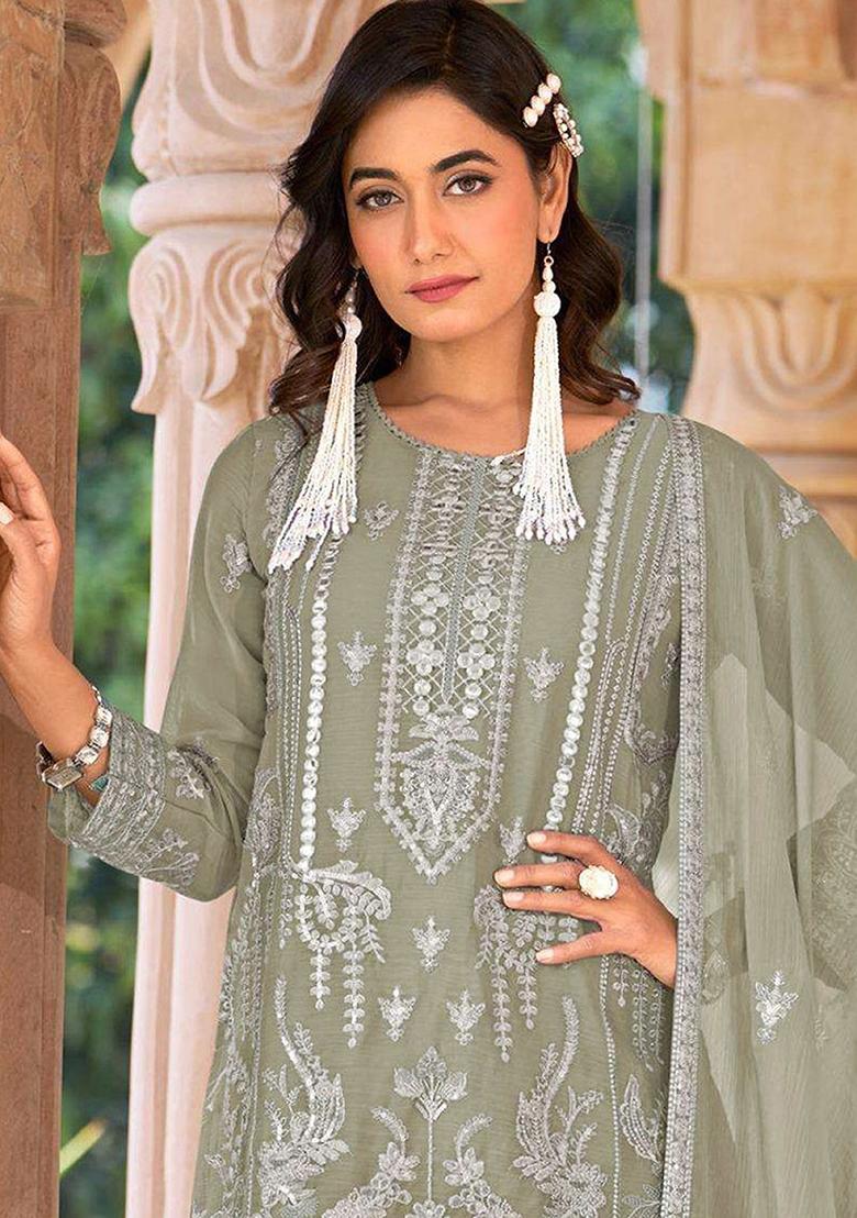 Green Zari Sequence Embroidery Organza Kurta Set With Dupatta - Indya