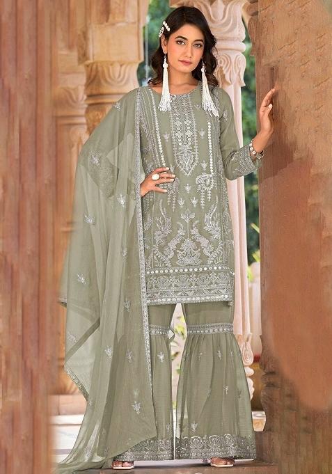 Green Embroidered Organza Sharara Set