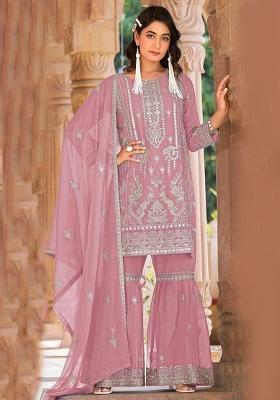 Pink Zari Sequence Embroidery Organza Kurta Set With Dupatta