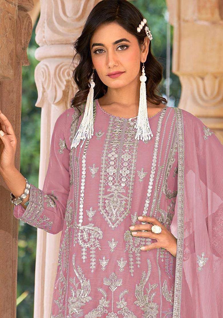 Pink Zari Sequence Embroidery Organza Kurta Set With Dupatta - Indya