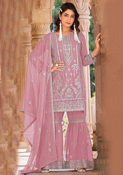 Pink Embroidered Organza Sharara Set