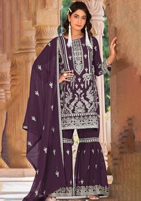 Wine Zari Sequence Embroidery Organza Kurta Set With Dupatta