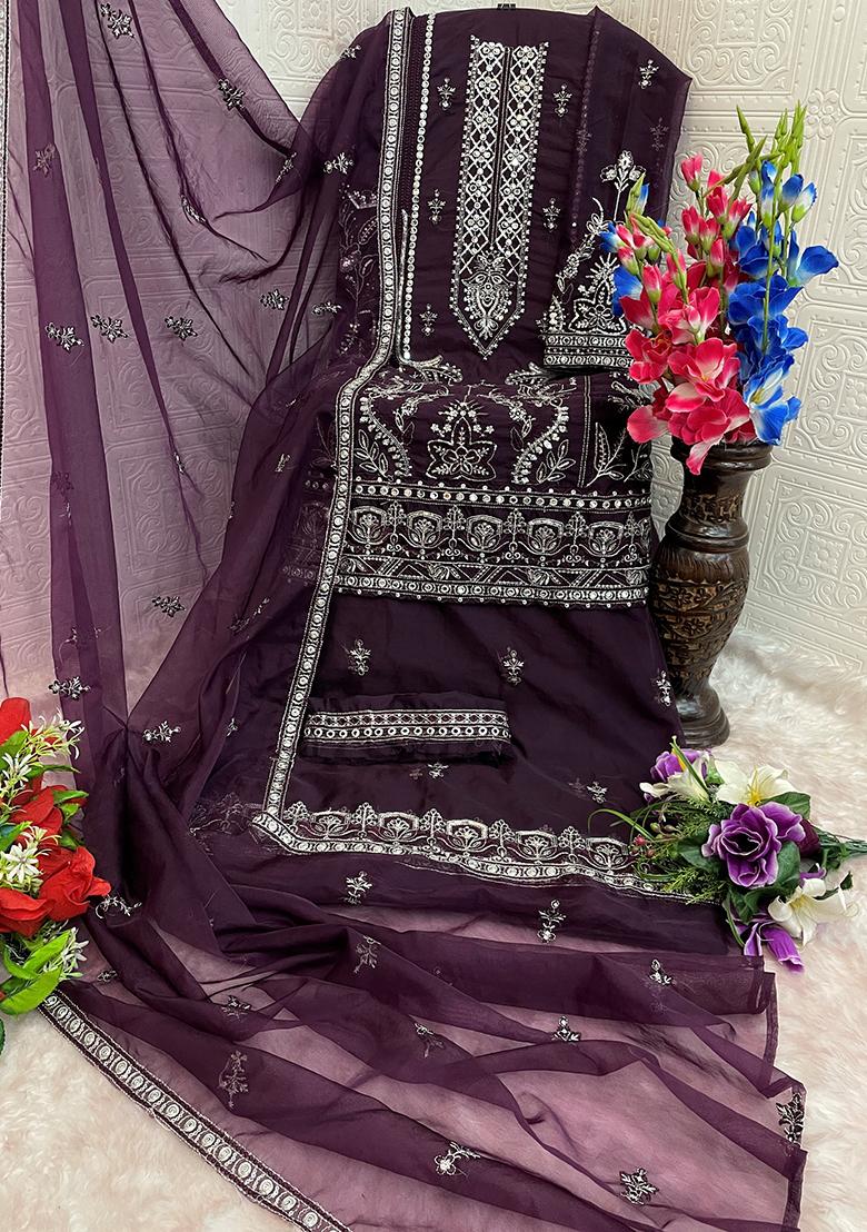 Wine Zari Sequence Embroidery Organza Kurta Set With Dupatta - Indya