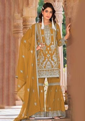 Yellow Zari Sequence Embroidery Organza Kurta Set With Dupatta
