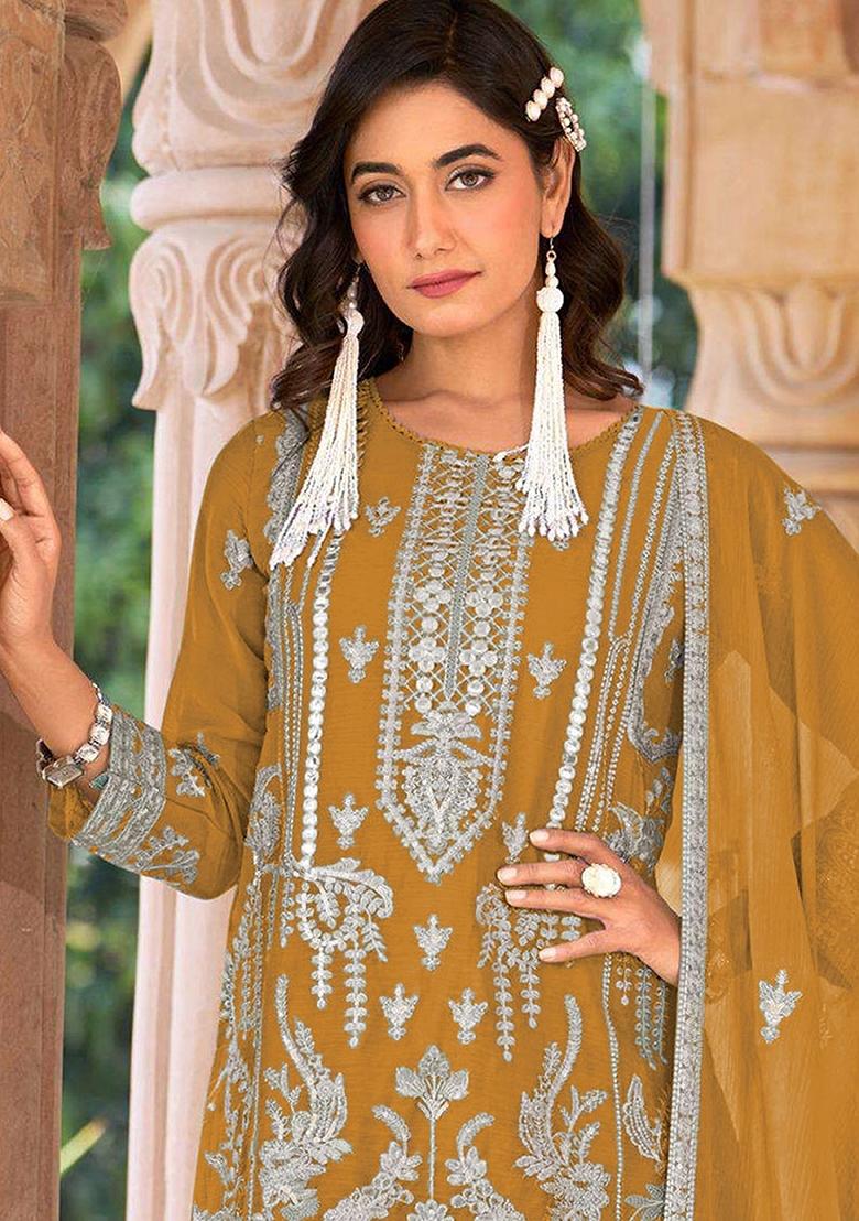 Yellow Zari Sequence Embroidery Organza Kurta Set With Dupatta - Indya