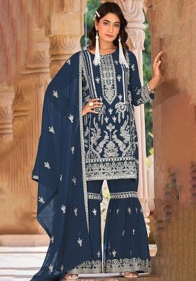 Blue Zari Sequence Embroidery Organza Kurta Set With Dupatta