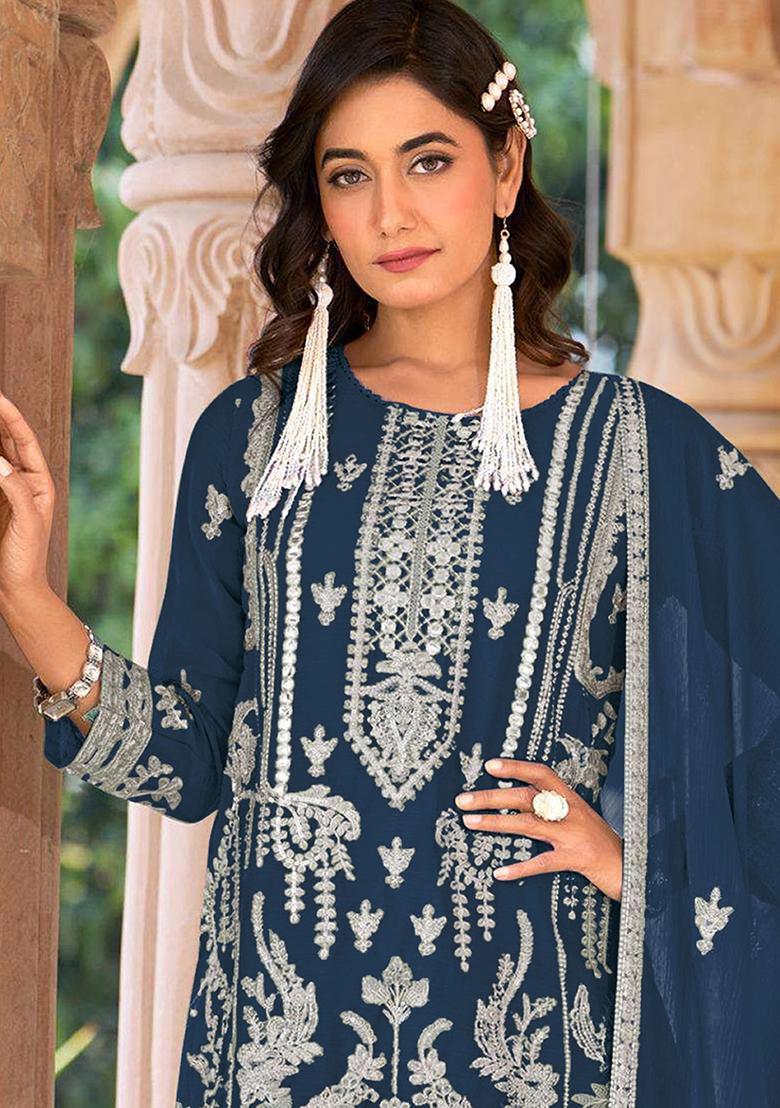 Blue Zari Sequence Embroidery Organza Kurta Set With Dupatta - Indya