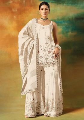 White Zari Sequence Embroidery Georgette Kurta Set With Dupatta