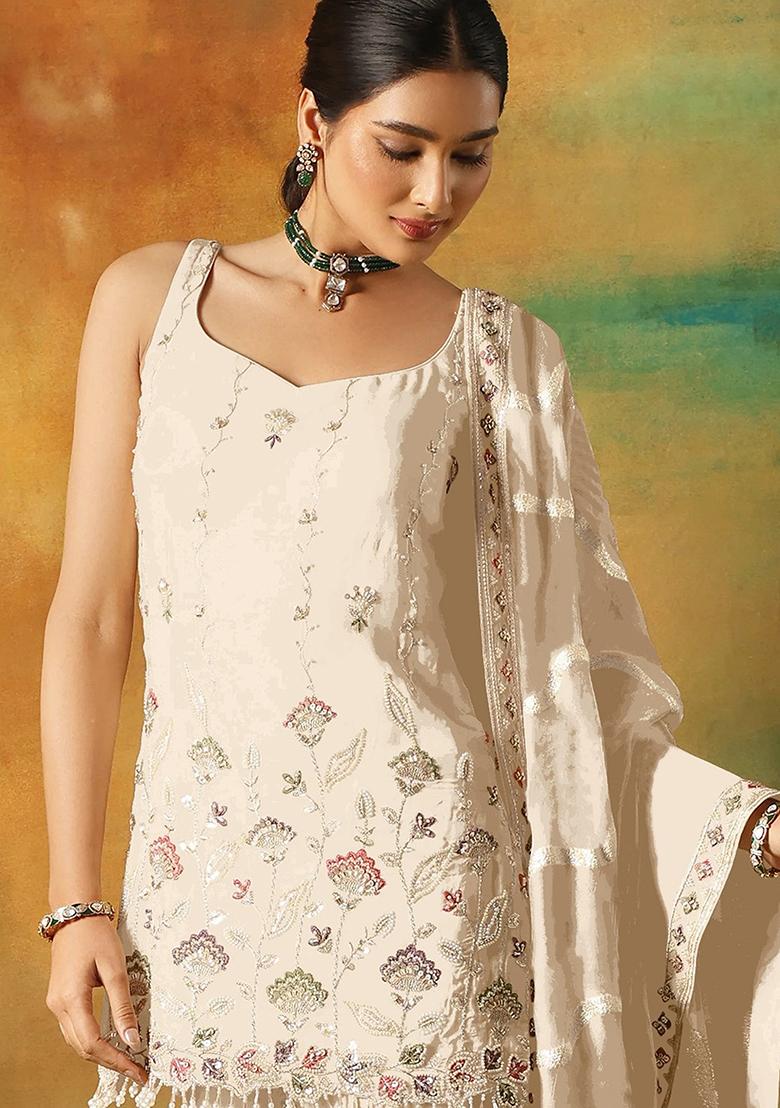 White Zari Sequence Embroidery Georgette Kurta Set With Dupatta - Indya
