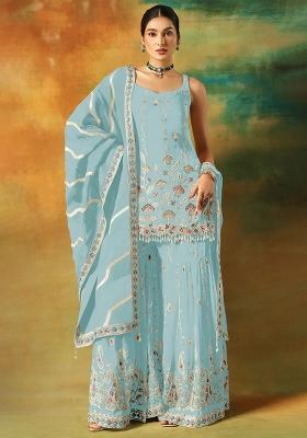 Sky Zari Sequence Embroidery Georgette Kurta Set With Dupatta
