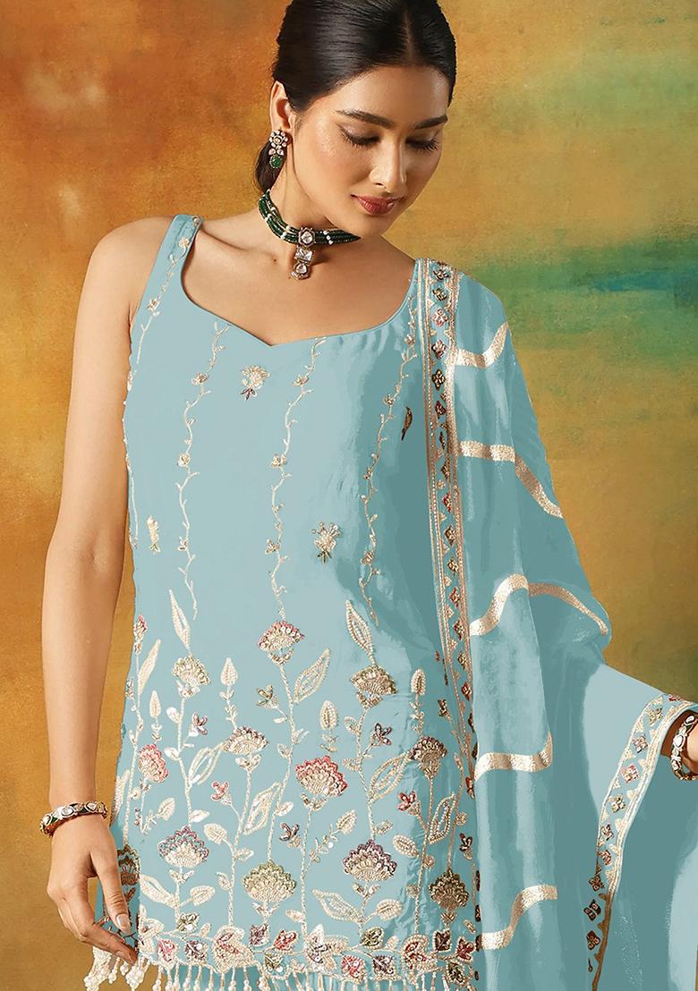 Sky Zari Sequence Embroidery Georgette Kurta Set With Dupatta - Indya