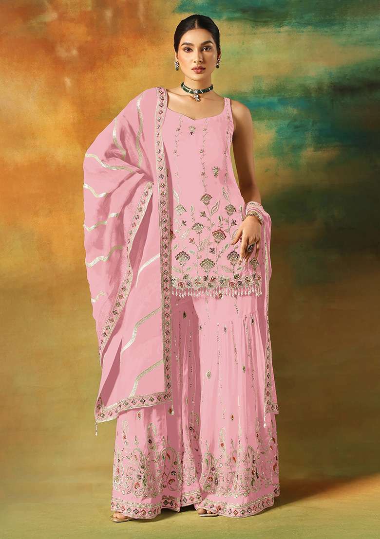 Baby Pink Embroidered Georgette Sharara Set - Indya