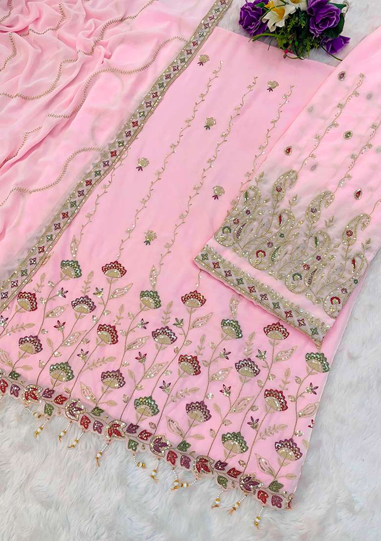 Baby Pink Embroidered Georgette Sharara Set - Indya