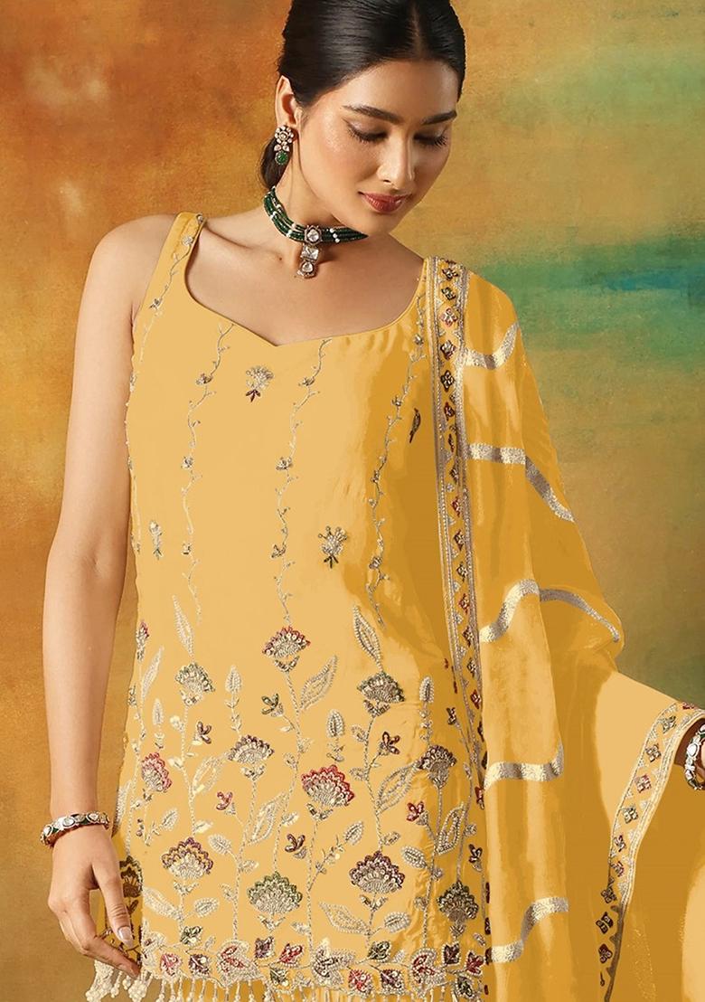 Yellow Zari Sequence Embroidery Georgette Kurta Set With Dupatta - Indya