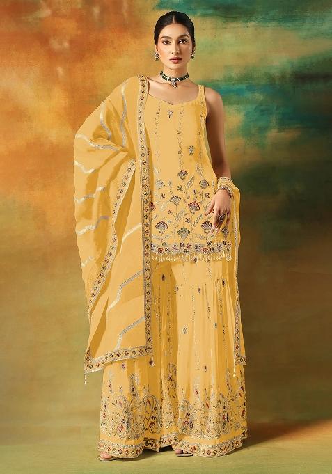 Yellow Zari Sequence Embroidery Georgette Kurta Set With Dupatta