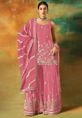 Pink Zari Sequence Embroidery Georgette Kurta Set With Dupatta
