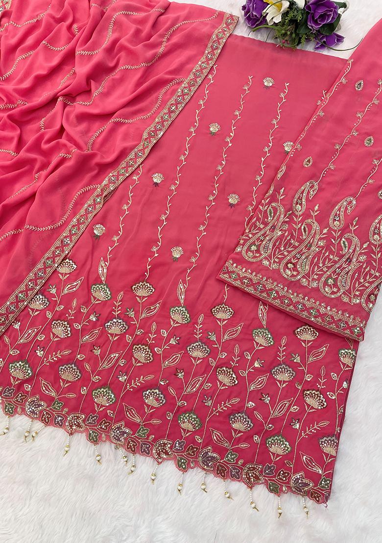 Pink Zari Sequence Embroidery Georgette Kurta Set With Dupatta - Indya