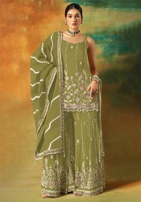 Mehendi Zari Sequence Embroidery Georgette Kurta Set With Dupatta