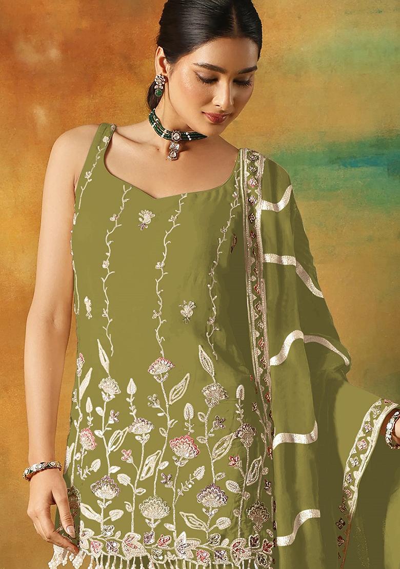 Mehendi Zari Sequence Embroidery Georgette Kurta Set With Dupatta - Indya