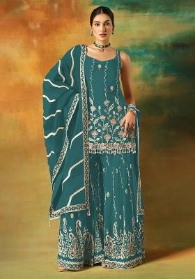 Rama Zari Sequence Embroidery Georgette Kurta Set With Dupatta