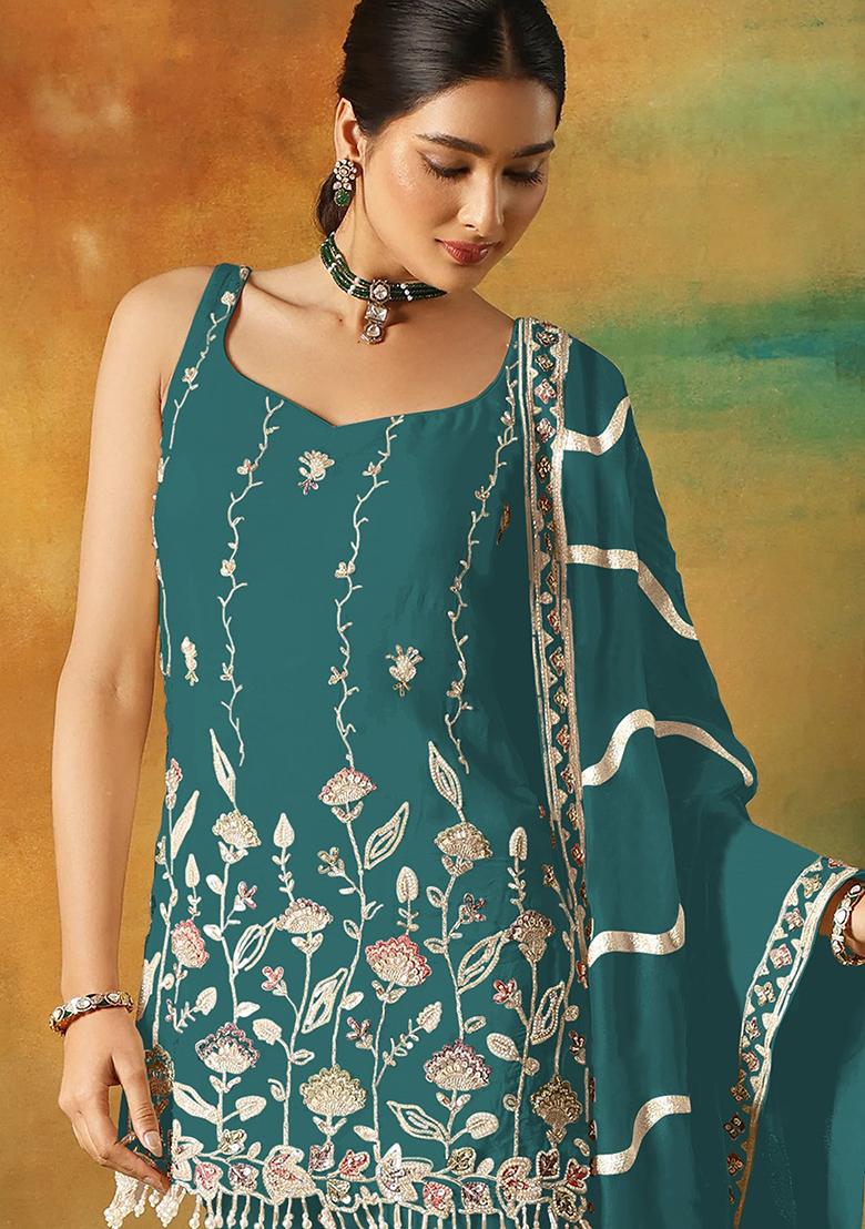 Rama Zari Sequence Embroidery Georgette Kurta Set With Dupatta - Indya